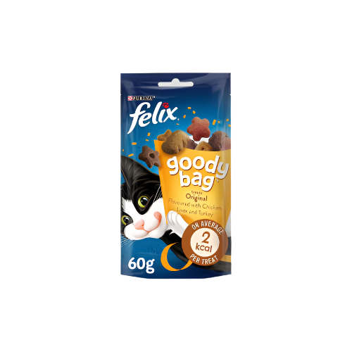 Felix Goody Bag Cat Treats Original Mix 60g – Tasty and soft treats for your cat in a convenient 60g bag.

